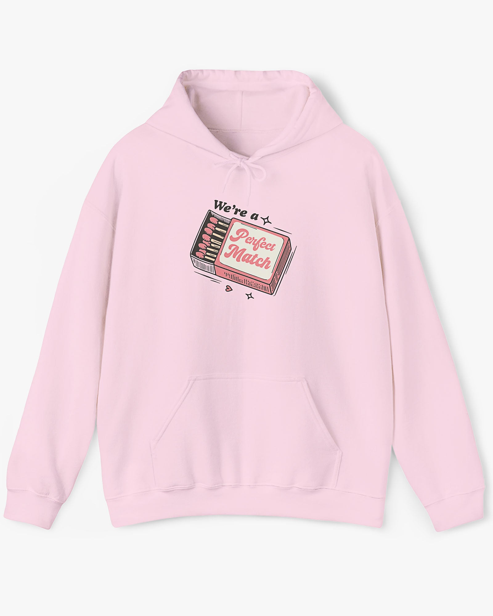 Flat lay light pink 'We're A Match' hoodie with retro matchbox valentine's Day graphic