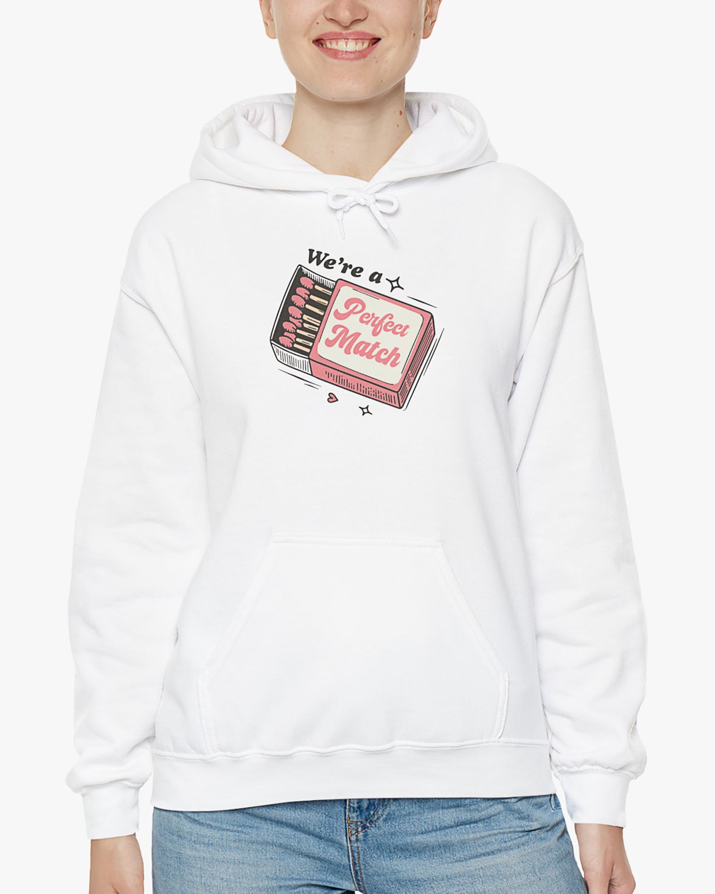 Woman wearing white 'We're A Match' hoodie with retro matchbox valentine's Day graphic