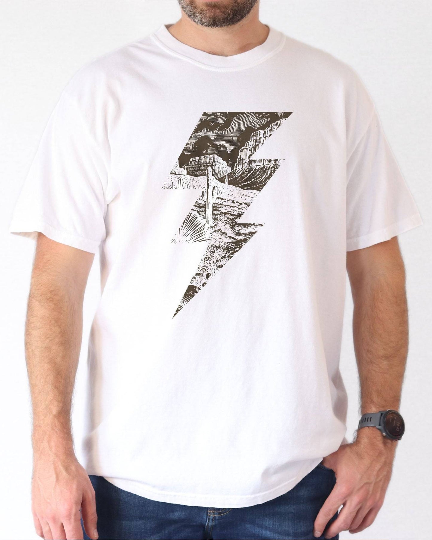Model wearing white color shirt with 'Western Lightning Bolt' graphic design