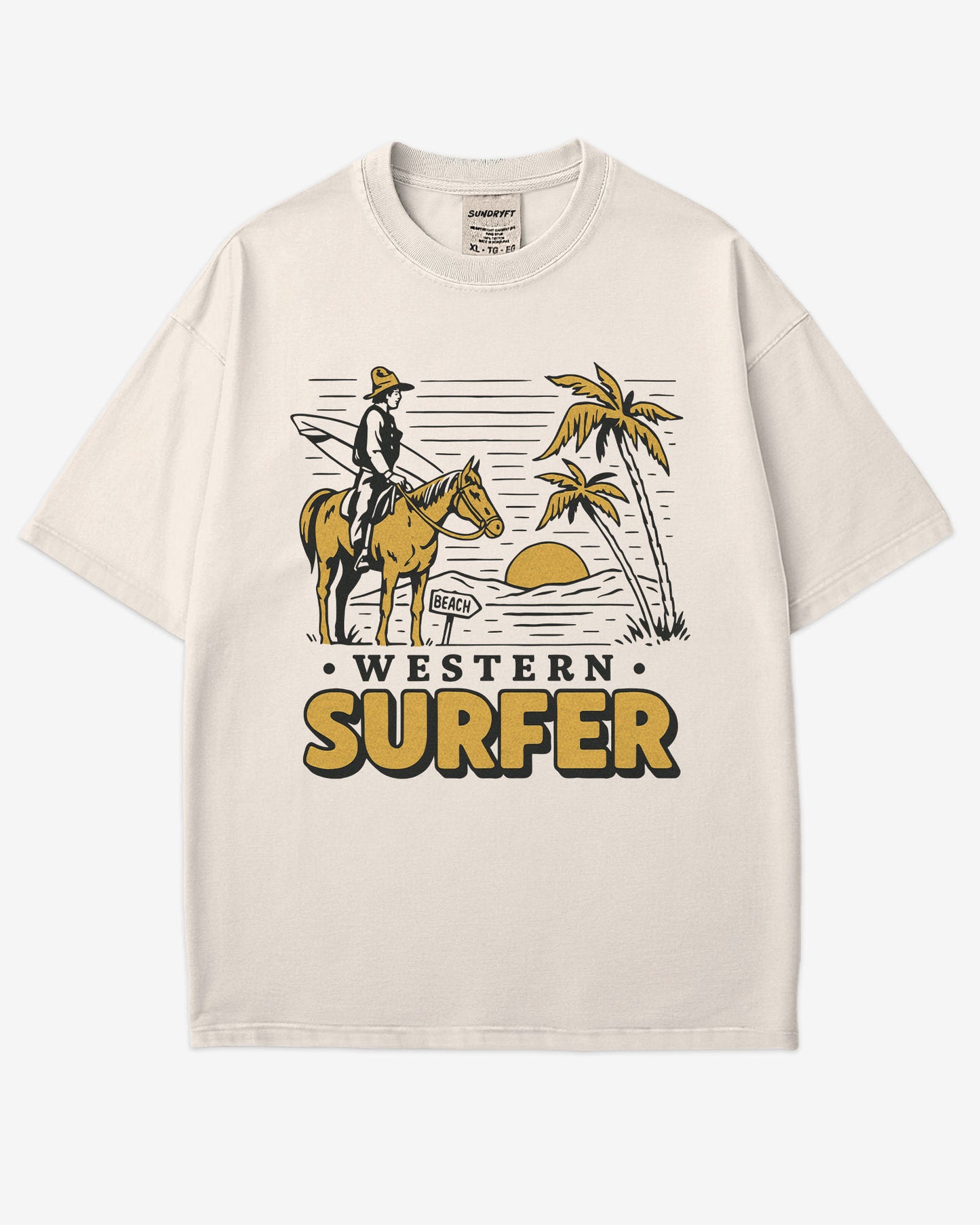 Flat lay ivory 'Western Surfer' shirt with a retro graphic of a cowboy on a horse in a desert, following a beach signpost.