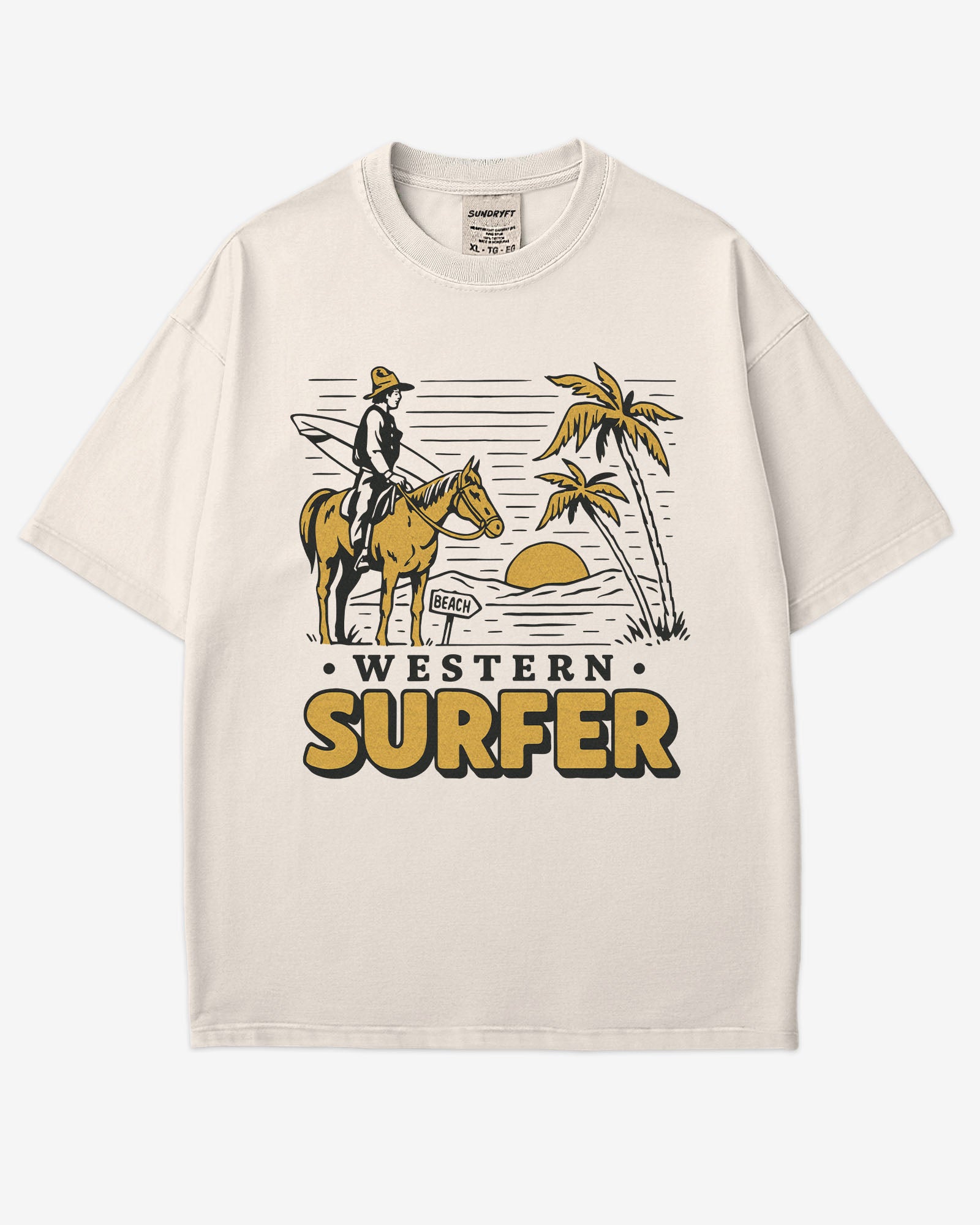 Flat lay ivory 'Western Surfer' shirt with a retro graphic of a cowboy on a horse in a desert, following a beach signpost.