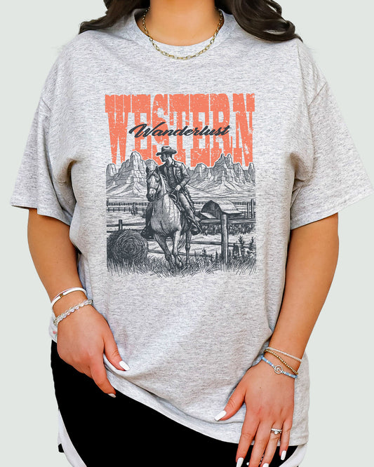 Western Wanderlust Shirt ash gray with retro cowboy graphic