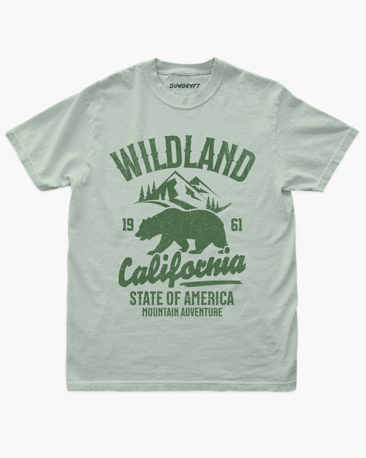 Wildland California shirt in bay with retro distressed bear and mountains graphic