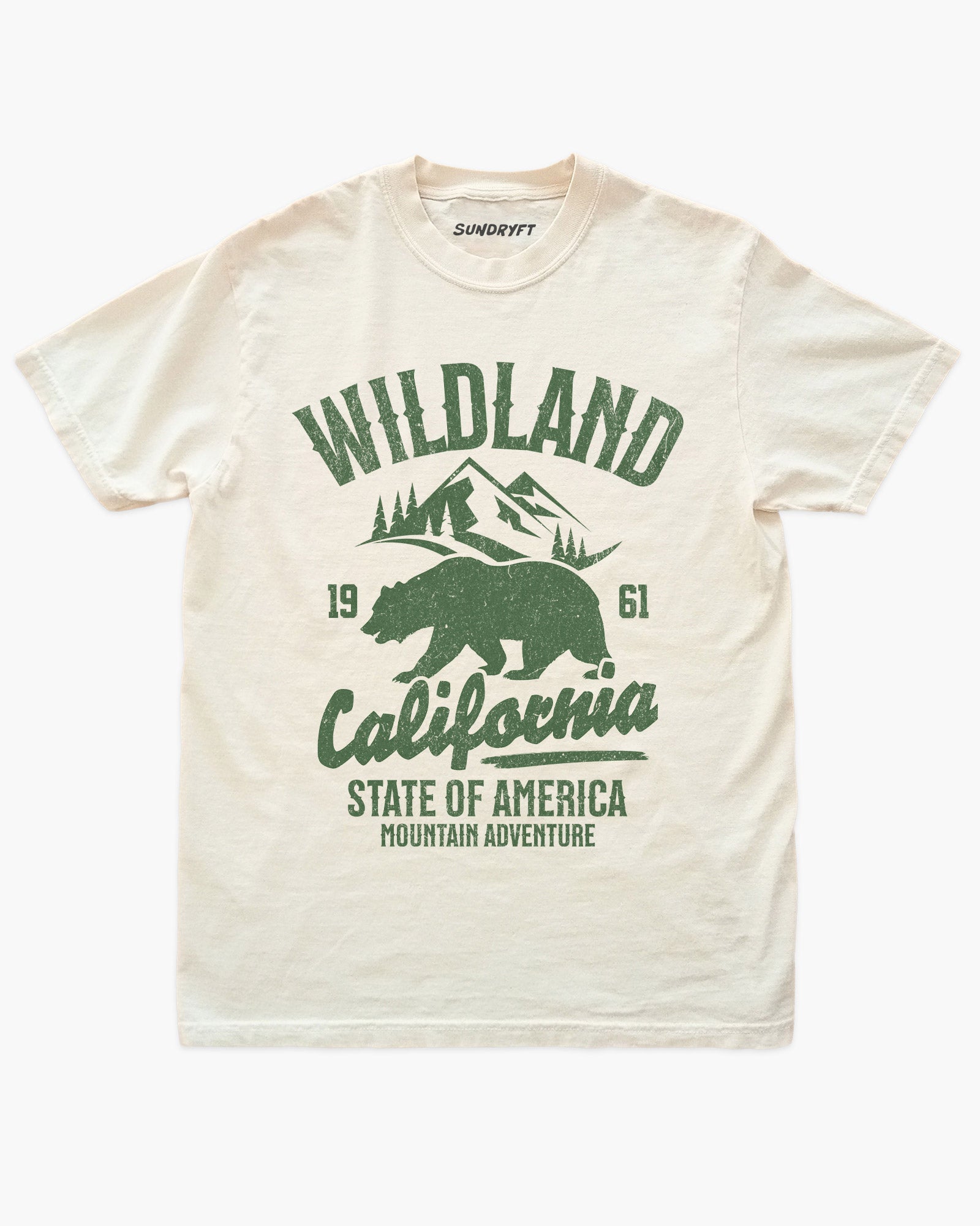 Wildland California shirt in ivory with retro distressed bear and mountains graphic