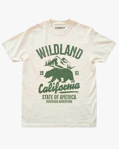 Wildland California shirt in ivory with retro distressed bear and mountains graphic