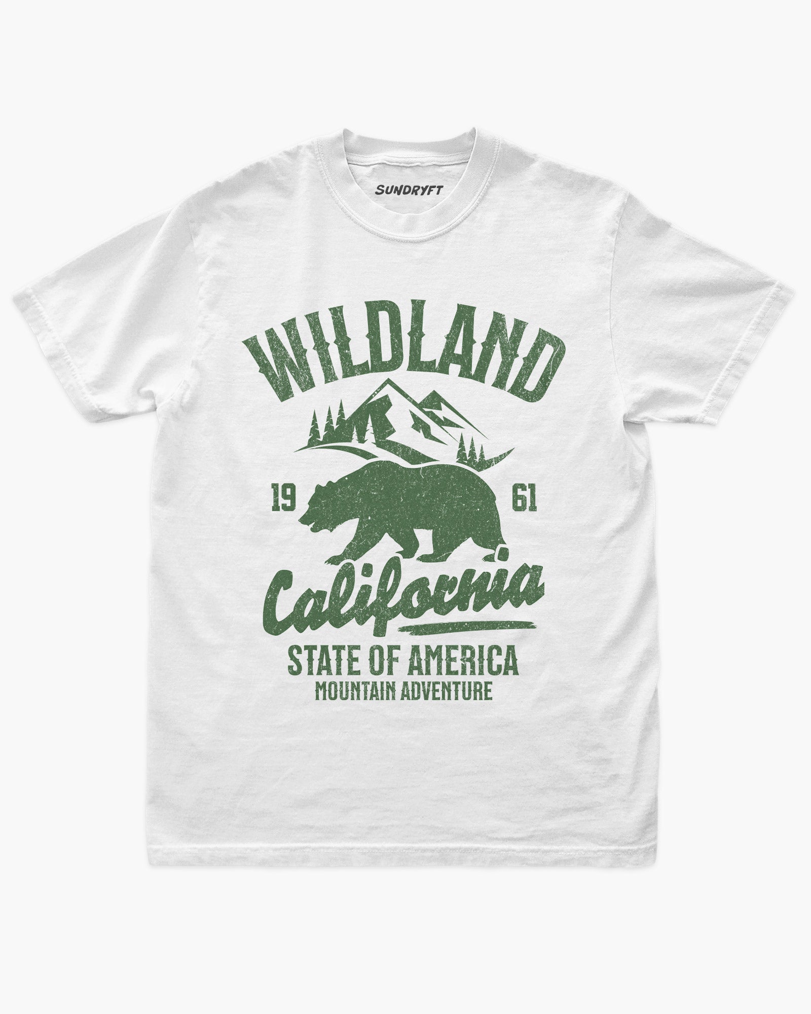 Wildland California shirt in white with retro distressed bear and mountains graphic