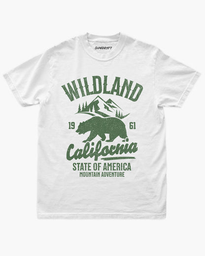 Wildland California shirt in white with retro distressed bear and mountains graphic