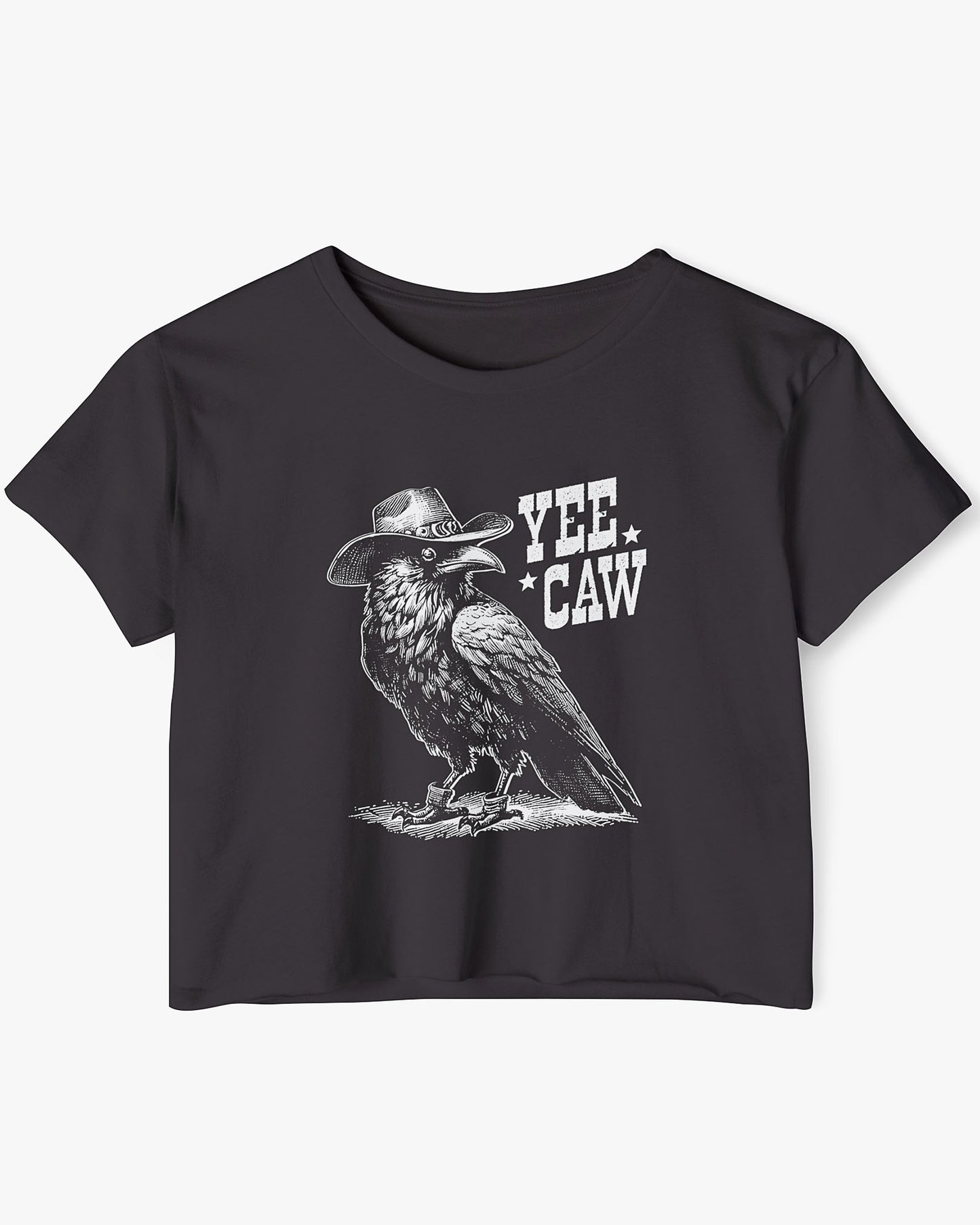 Flat lay black-colored 'Yee Caw' crop top featuring a funny retro cowboy crow graphic.