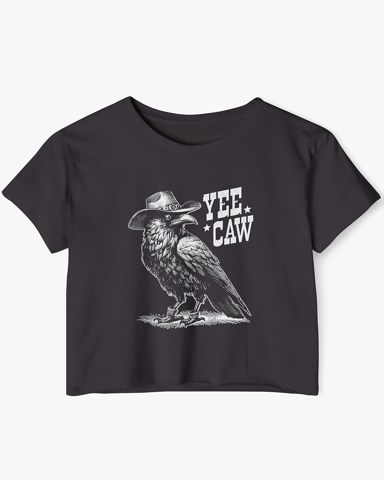Flat lay black-colored 'Yee Caw' crop top featuring a funny retro cowboy crow graphic.