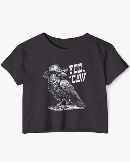 Flat lay black-colored 'Yee Caw' crop top featuring a funny retro cowboy crow graphic.