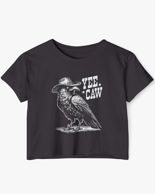 Flat lay black-colored 'Yee Caw' crop top featuring a funny retro cowboy crow graphic.