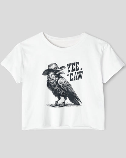Flat lay white-colored 'Yee Caw' crop top featuring a funny retro cowboy crow graphic.
