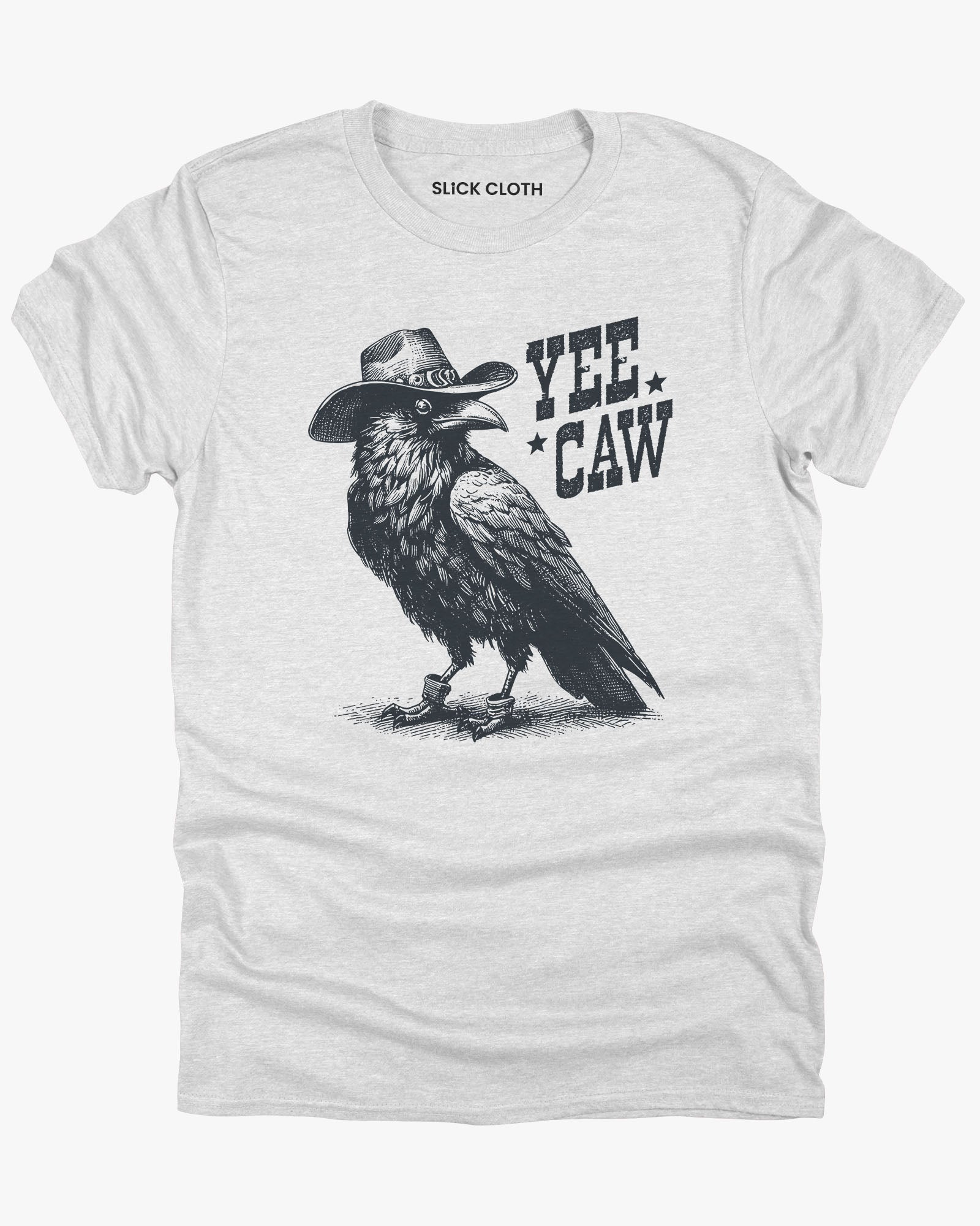 Flat lay ash-colored 'Yee Caw' shirt featuring a funny retro cowboy crow graphic.