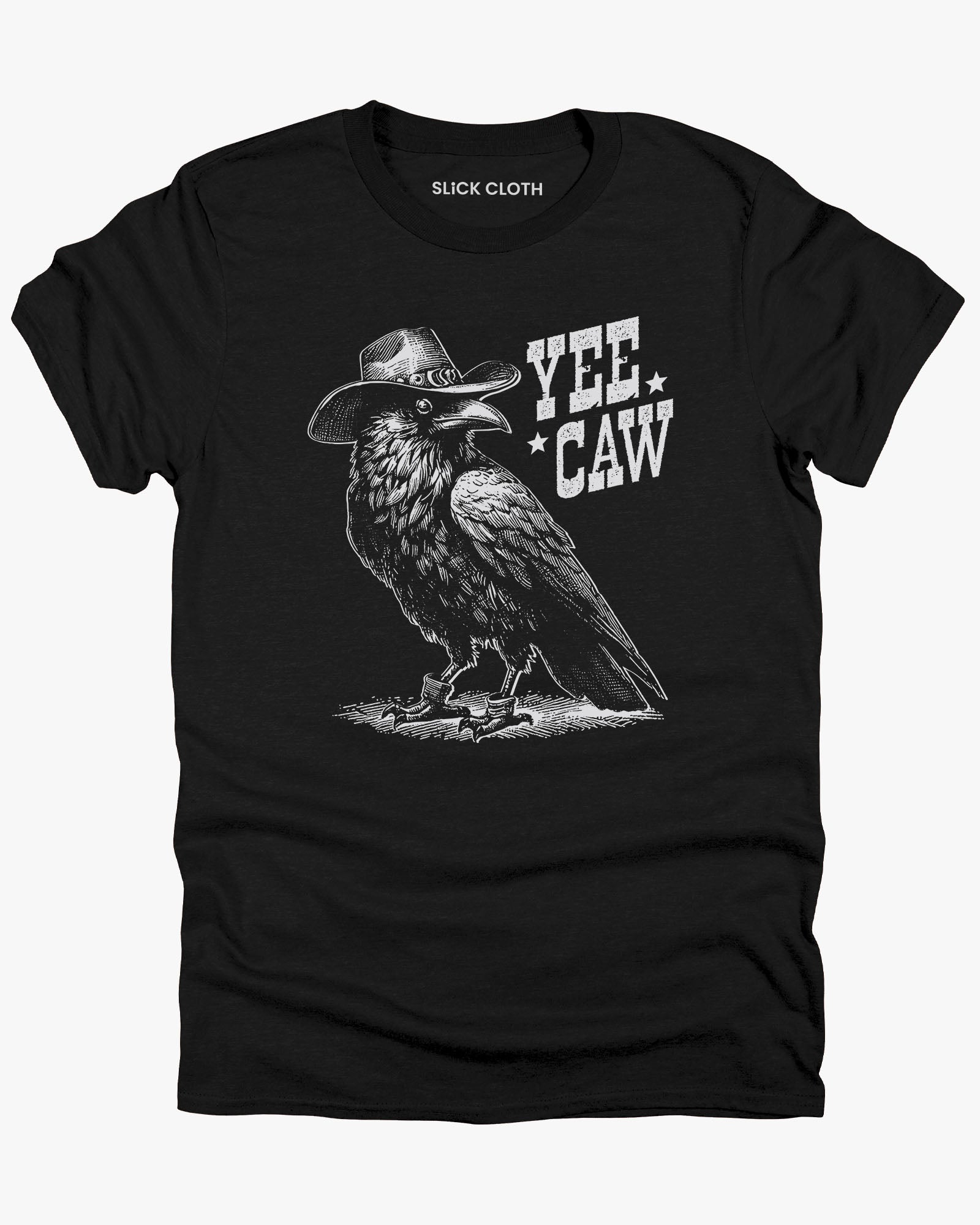 Flat lay black-colored 'Yee Caw' shirt featuring a funny retro cowboy crow graphic.