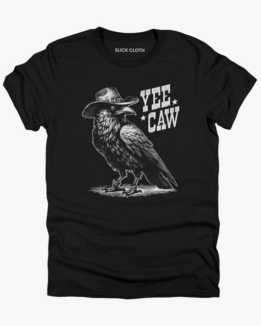 Flat lay black-colored 'Yee Caw' shirt featuring a funny retro cowboy crow graphic.