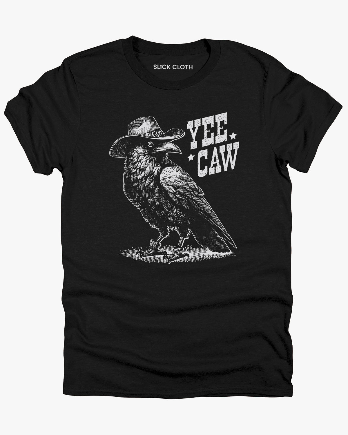 Flat lay black-colored 'Yee Caw' shirt featuring a funny retro cowboy crow graphic.
