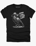 Flat lay black-colored 'Yee Caw' shirt featuring a funny retro cowboy crow graphic.