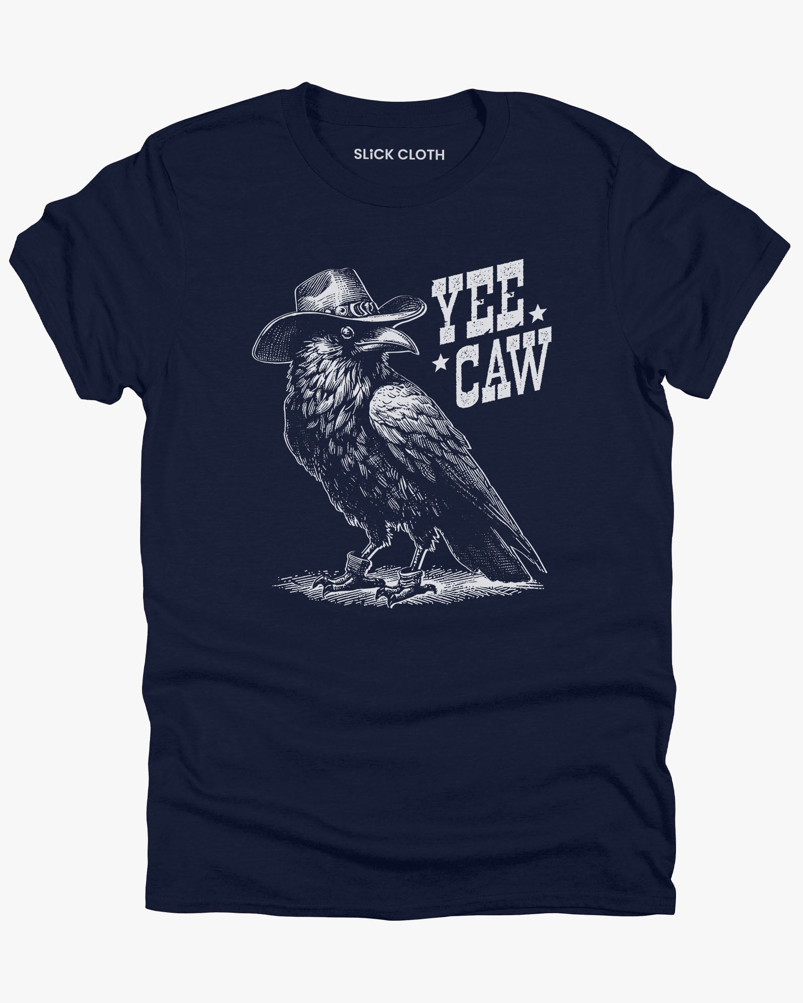 Flat lay navy-colored 'Yee Caw' shirt featuring a funny retro cowboy crow graphic.