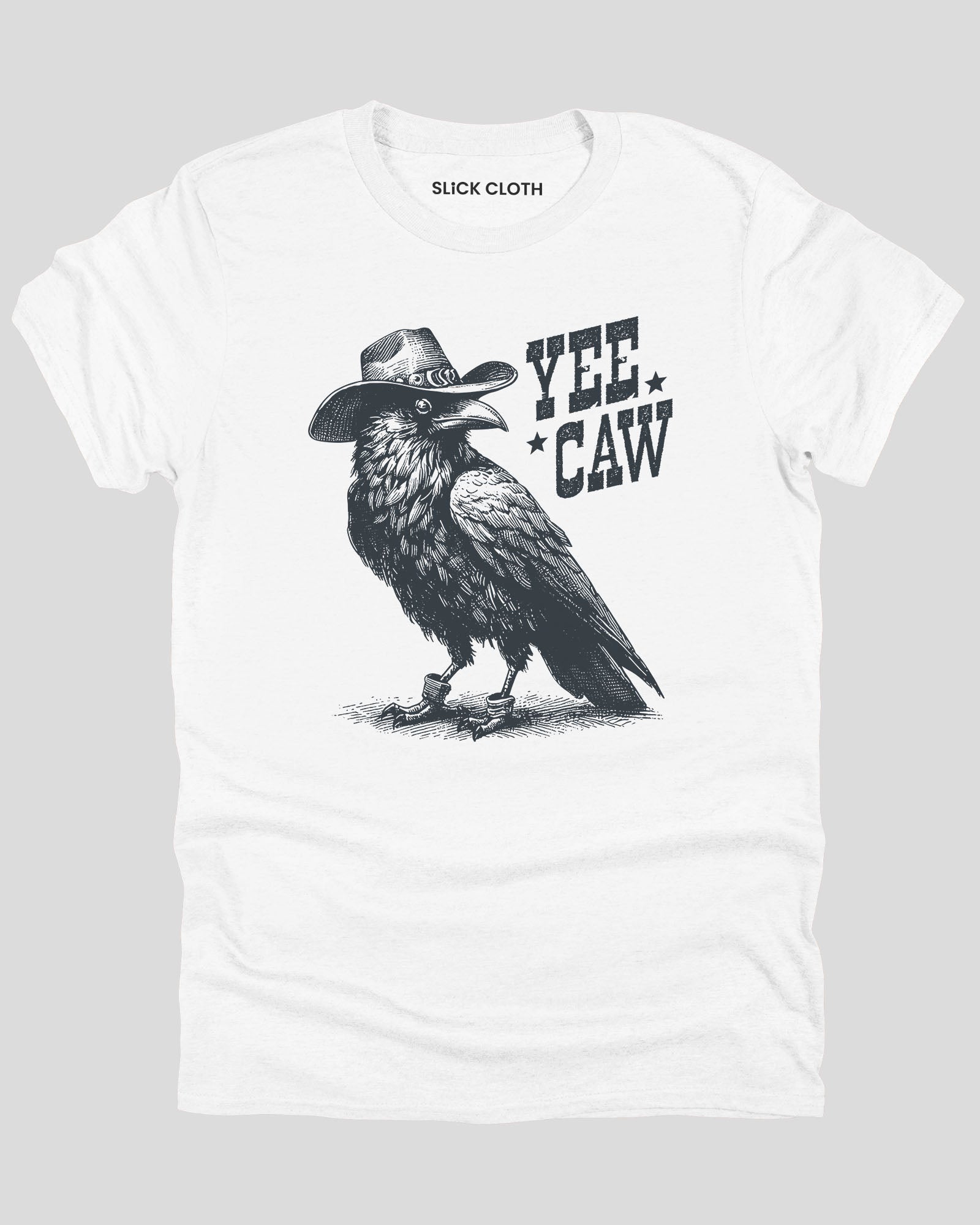 Flat lay white-colored 'Yee Caw' shirt featuring a funny retro cowboy crow graphic.