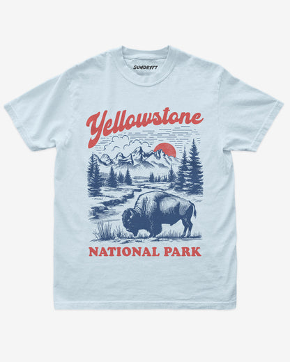 Yellowstone National Park shirt in chambray with retro graphic of buffalo and nature scenery