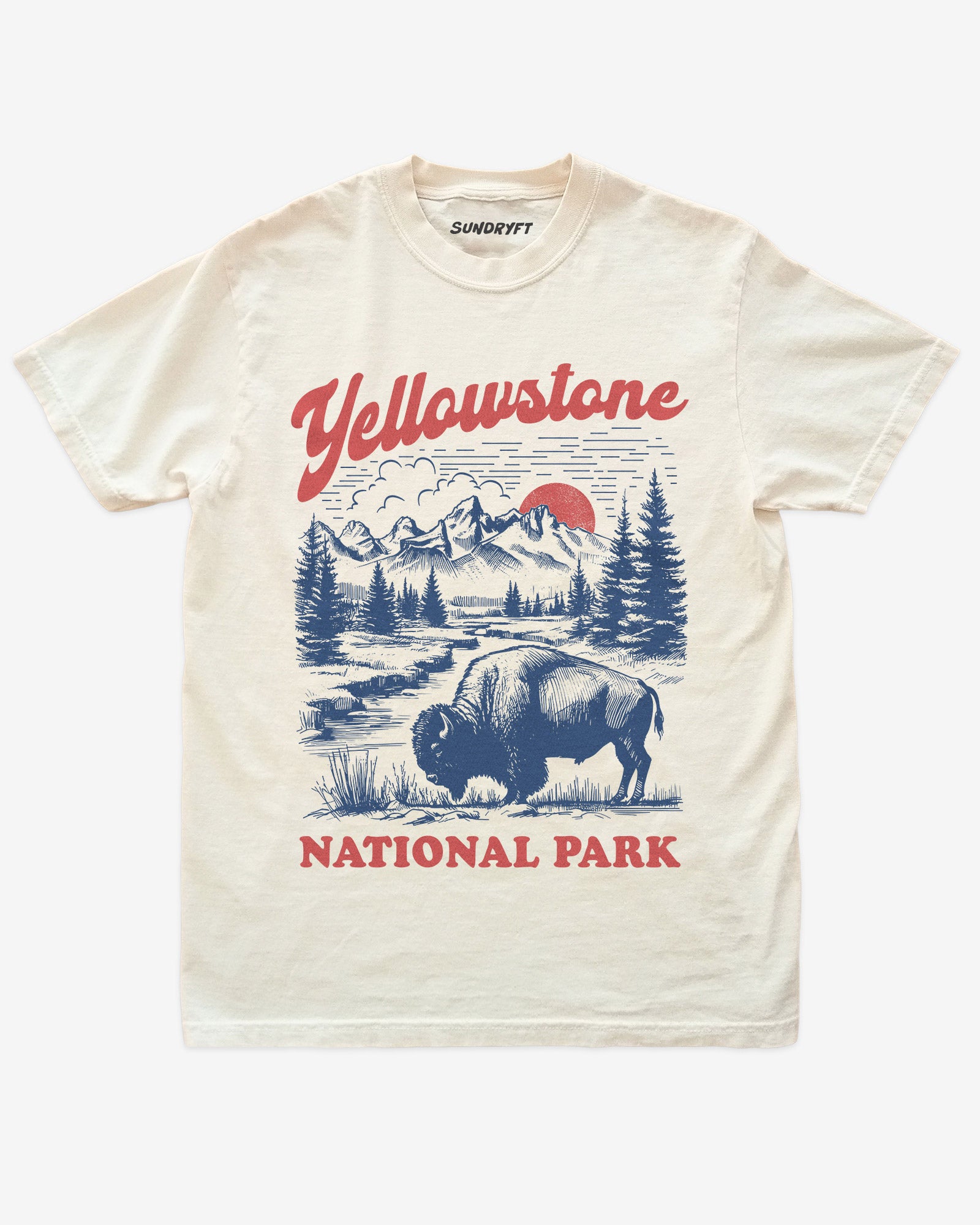 Yellowstone National Park shirt in ivory with retro graphic of buffalo and nature scenery