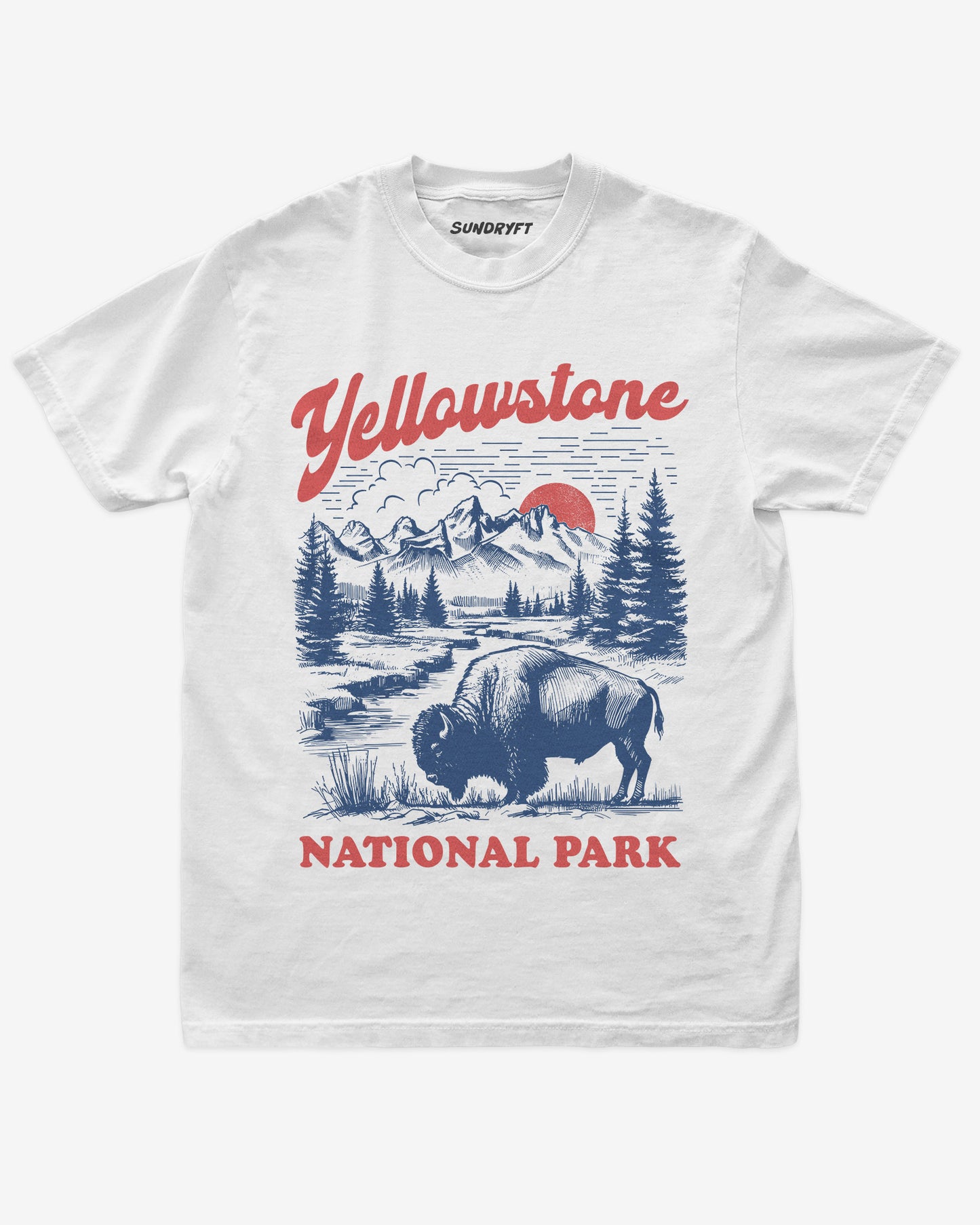 Yellowstone National Park shirt in white with retro graphic of buffalo and nature scenery