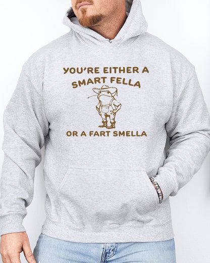 Man wearing an ash gray beige hoodie featuring a funny retro-style country frog graphic with the quote 'You're Either A Smart Fella Or A Fart Smella'.