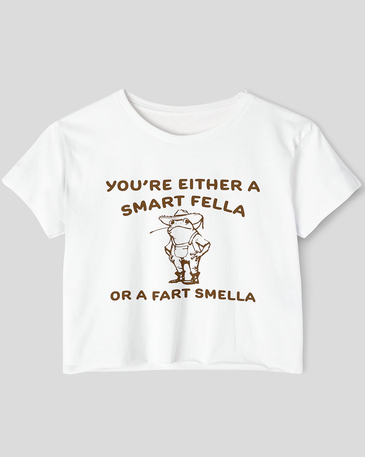 Flat lay white-colored 'You're Either A Smart Fella Or A Fart Smella' crop top featuring a funny retro cowboy frog graphic.