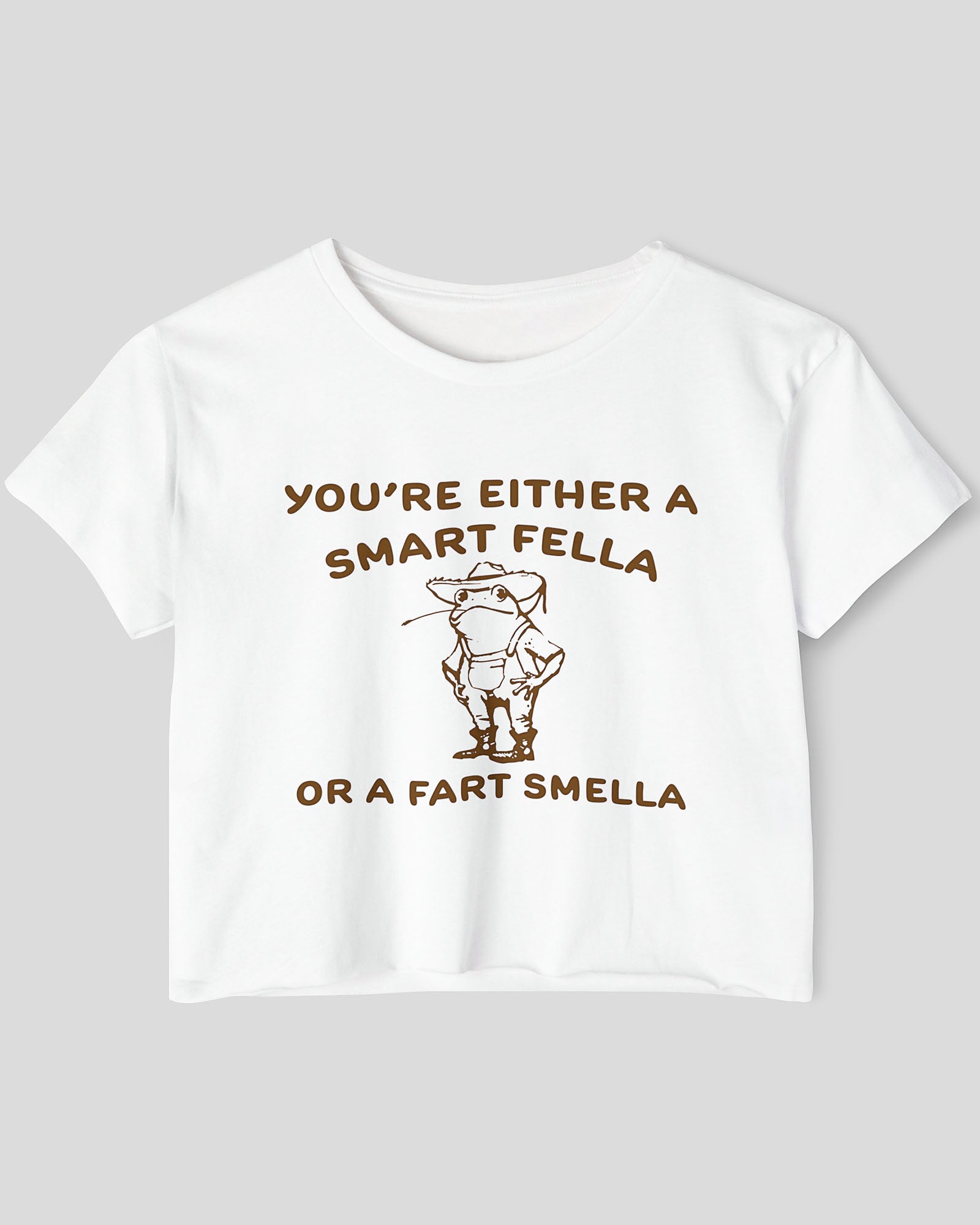 Flat lay white-colored 'You're Either A Smart Fella Or A Fart Smella' crop top featuring a funny retro cowboy frog graphic.