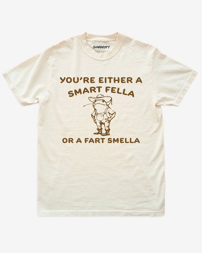 "You’re Either a Smart Fella or a Fart Smella" shirt in ivory with funny retro outline graphic of cowboy frog