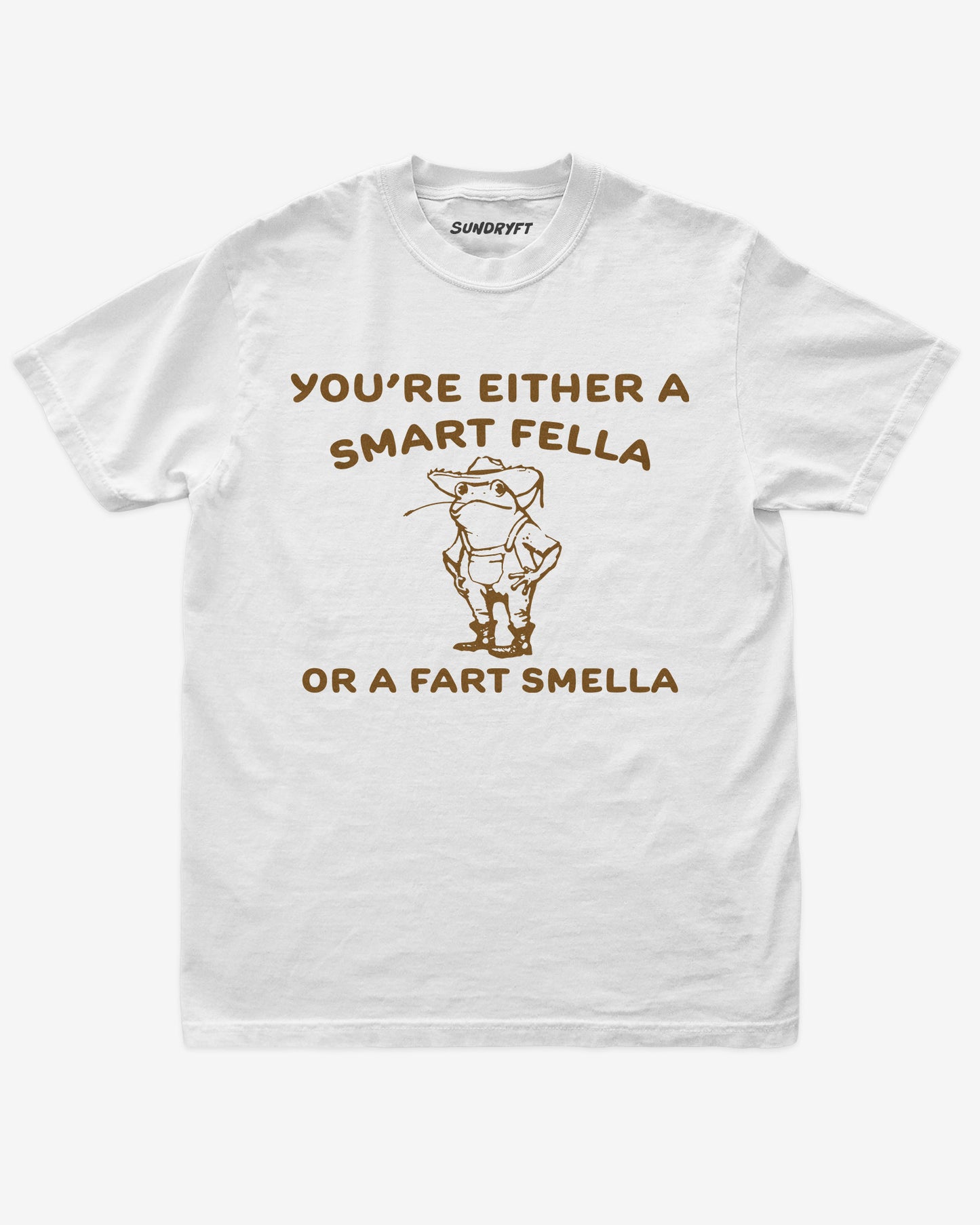 "You’re Either a Smart Fella or a Fart Smella" shirt in white with funny retro outline graphic of cowboy frog