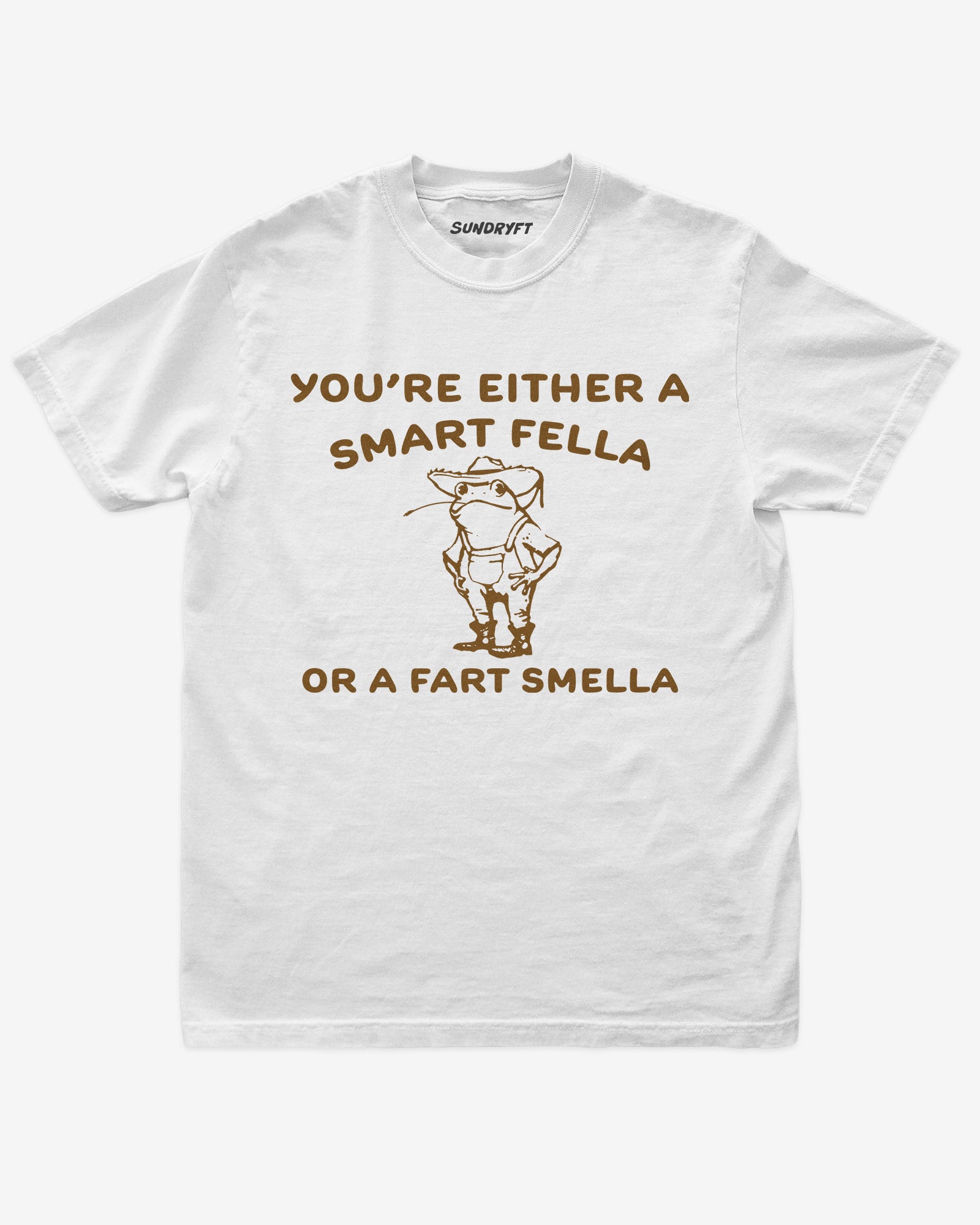 "You’re Either a Smart Fella or a Fart Smella" shirt in white with funny retro outline graphic of cowboy frog