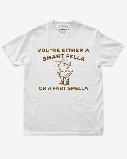 "You’re Either a Smart Fella or a Fart Smella" shirt in white with funny retro outline graphic of cowboy frog