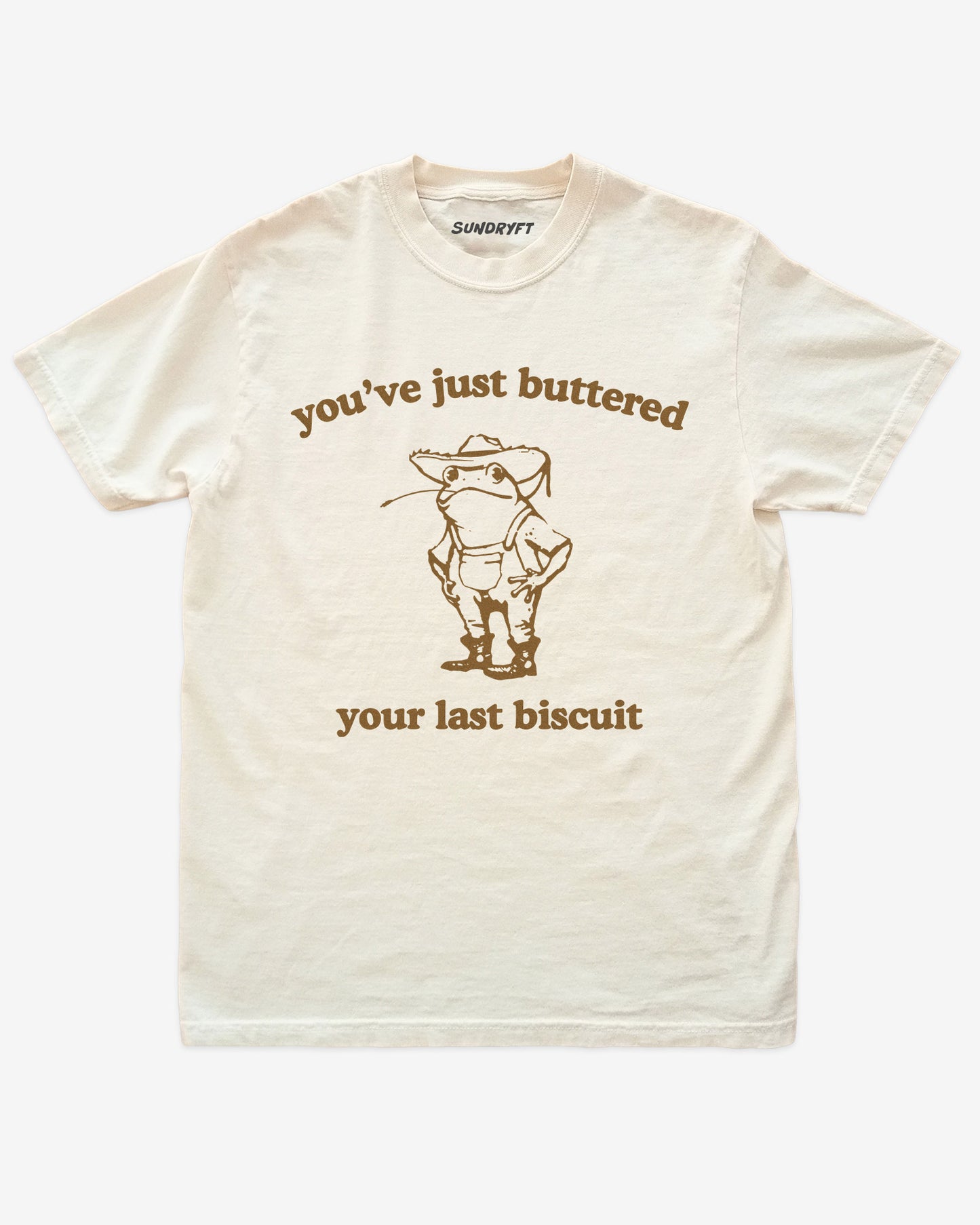 You've Just Buttered Your Last Biscuit shirt in ivory with funny retro cowboy frog graphic