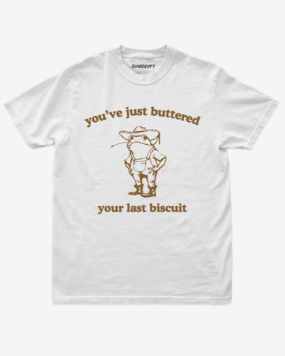 You've Just Buttered Your Last Biscuit shirt in white with funny retro cowboy frog graphic